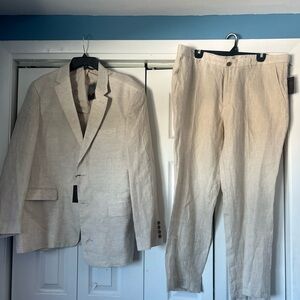 Tasso Elba Beige Linen Two-Piece Suit Jacket and Trousers